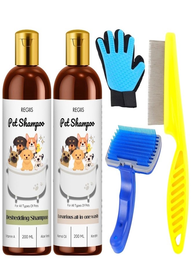REGIIS Pet Shampoo Set with Grooming Tools, 2 Bottles of Dog Shampoo, Deshedding Brush, Grooming Glove, Flea Comb, Yellow Tick Remover, 200 ML(5 Pack) - Image 1